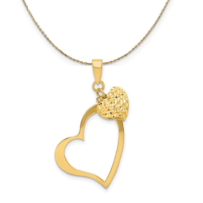 14k Yellow Gold Open Heart And Puffed Heart (17mm) Necklace - 20 Inch